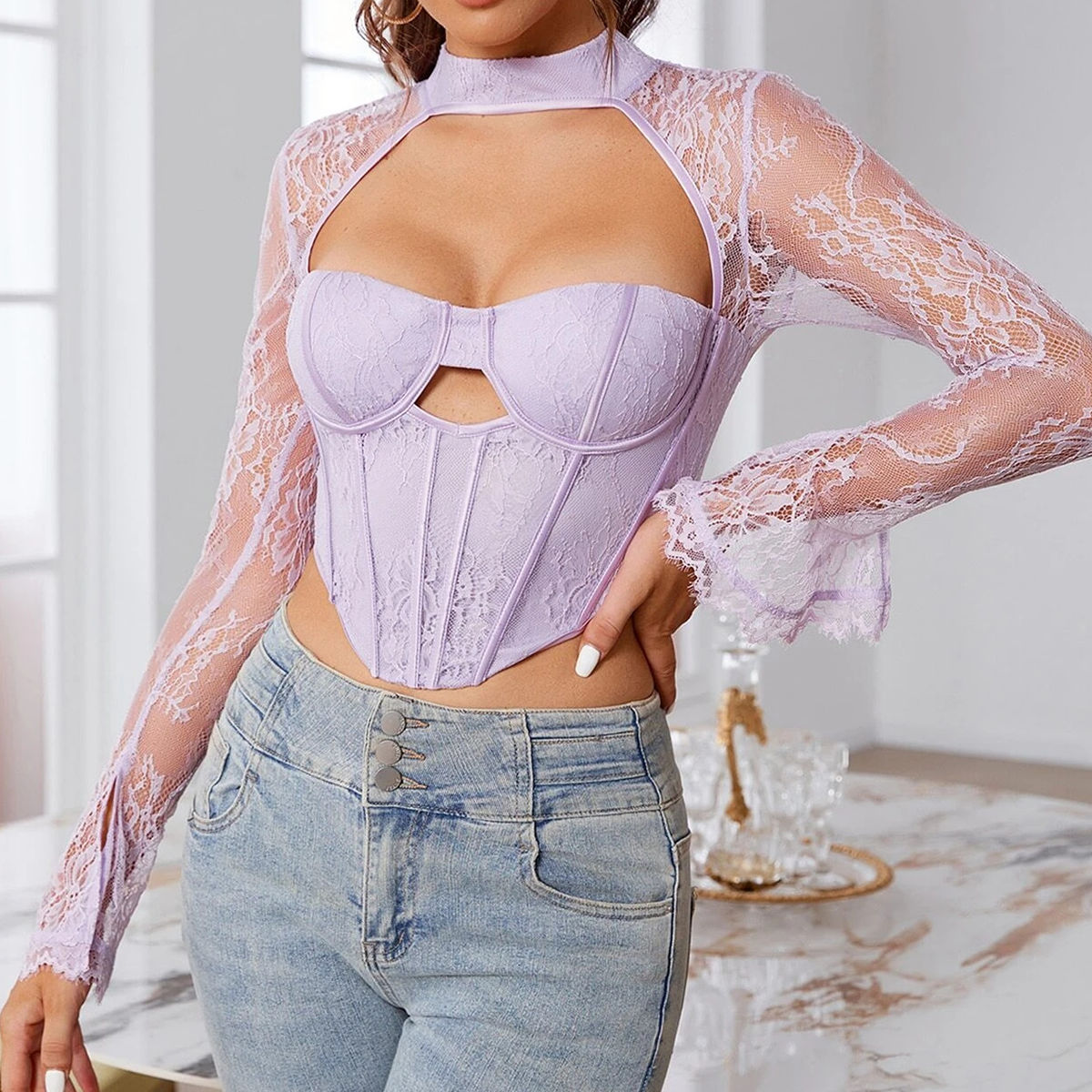 Top corset violet manches longues